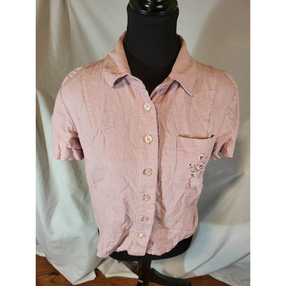Vtge R&K Linen & Rayon Pink Button Front Floral Embroidered Shirt‎ P Cottagecore
